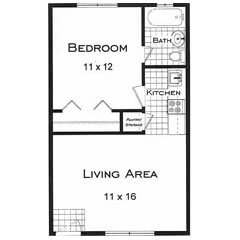 One bedroom one bath apartments for rent near the University of Colorado. This is the Alpine Floor Plan