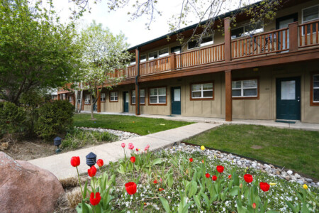 Landscaping and flowers in front of the Timber Ridge apartments in Boulder CO.